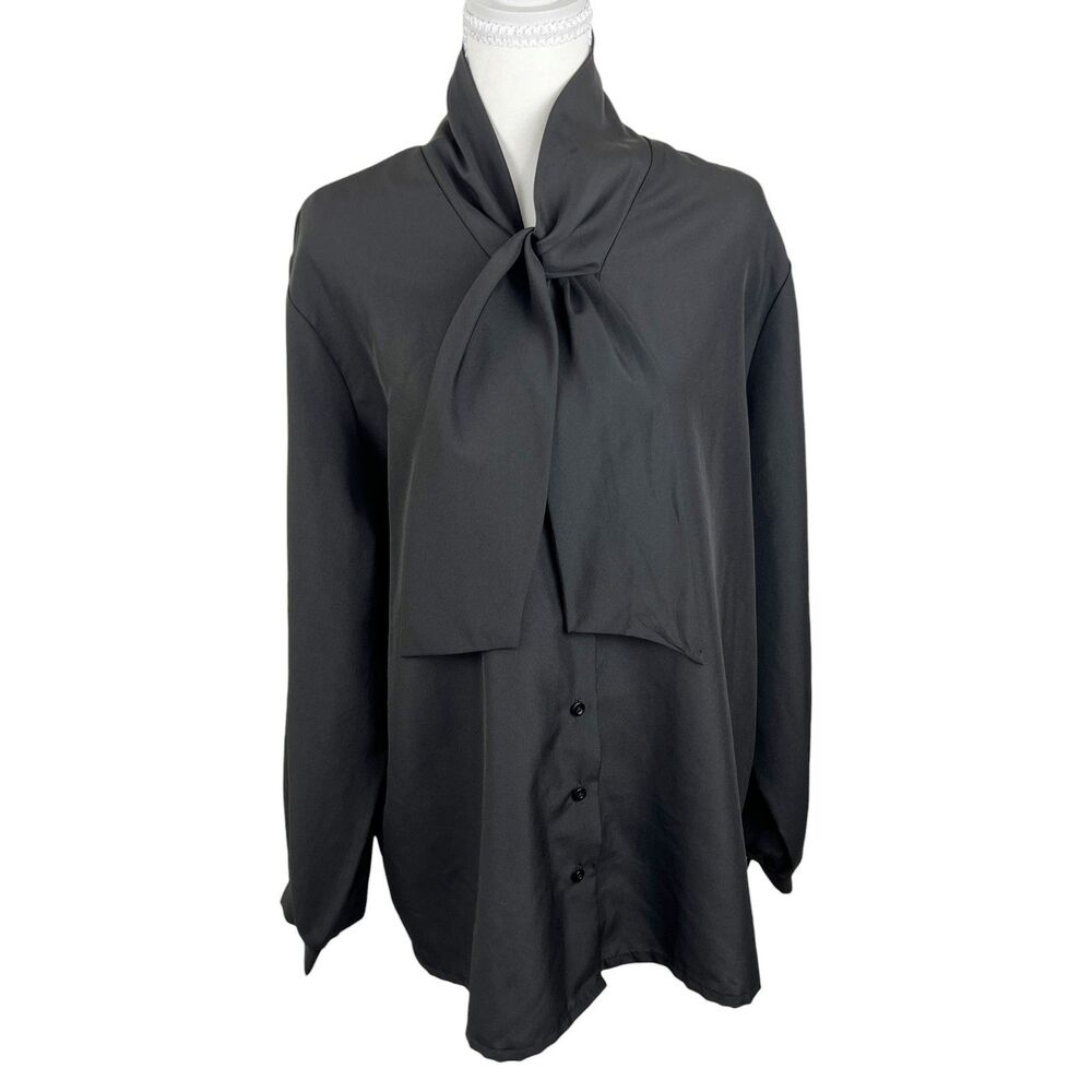 Judy Bond Button Up Shirt Women 2XL Black Long Sleeve Vintage Tie Neck Casual